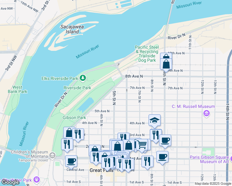 map of restaurants, bars, coffee shops, grocery stores, and more near 629 5th Street North in Great Falls