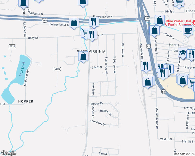 map of restaurants, bars, coffee shops, grocery stores, and more near 8387 Marigold Street in Virginia