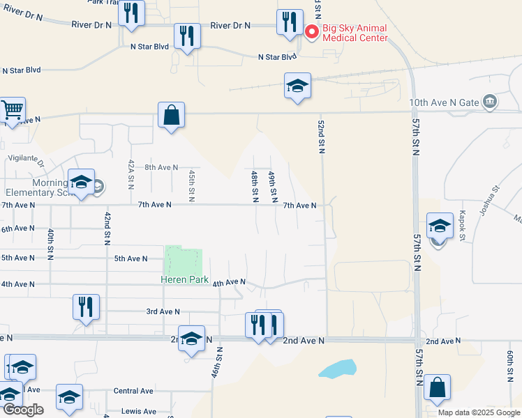 map of restaurants, bars, coffee shops, grocery stores, and more near 4812 7th Avenue North in Great Falls