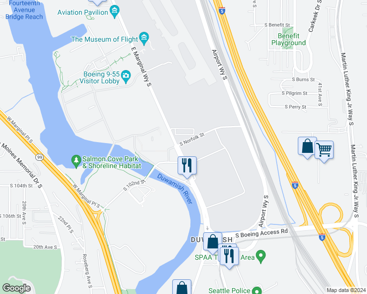 map of restaurants, bars, coffee shops, grocery stores, and more near 10100 East Marginal Way South in Tukwila