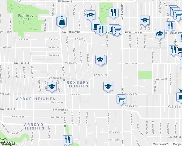 map of restaurants, bars, coffee shops, grocery stores, and more near 10041 30th Avenue Southwest in Seattle
