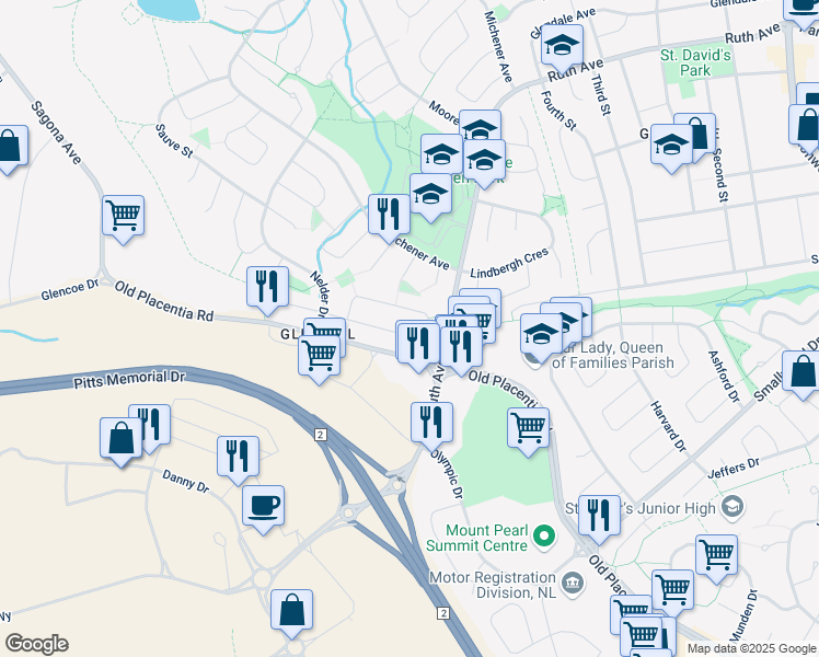 map of restaurants, bars, coffee shops, grocery stores, and more near 23 O'Flaherty Crescent in Mount Pearl
