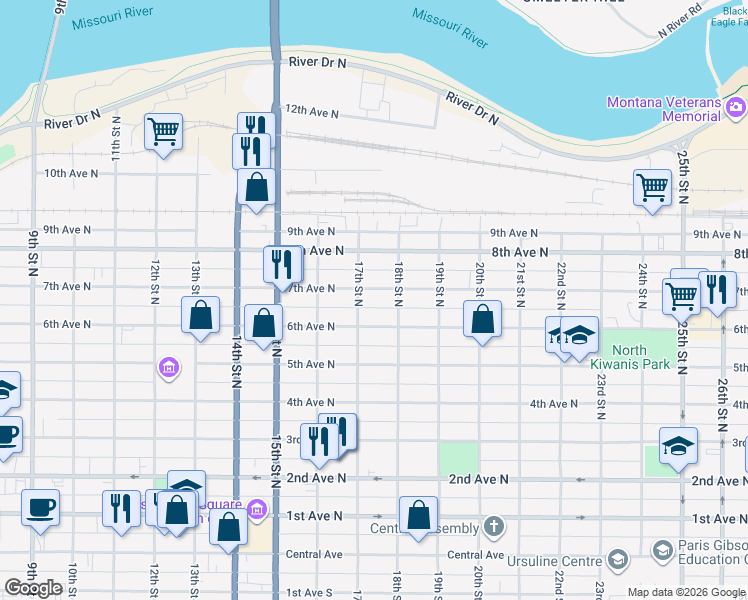 map of restaurants, bars, coffee shops, grocery stores, and more near 1710 7th Avenue North in Great Falls