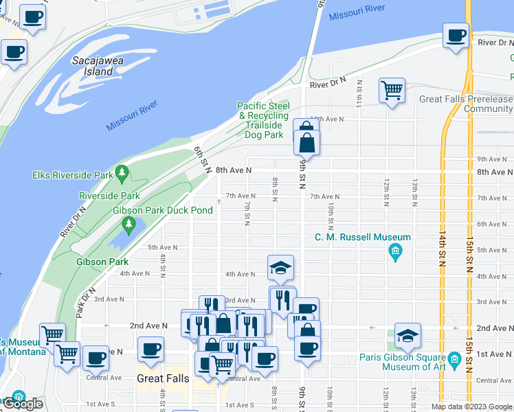 map of restaurants, bars, coffee shops, grocery stores, and more near 708 7th Avenue North in Great Falls