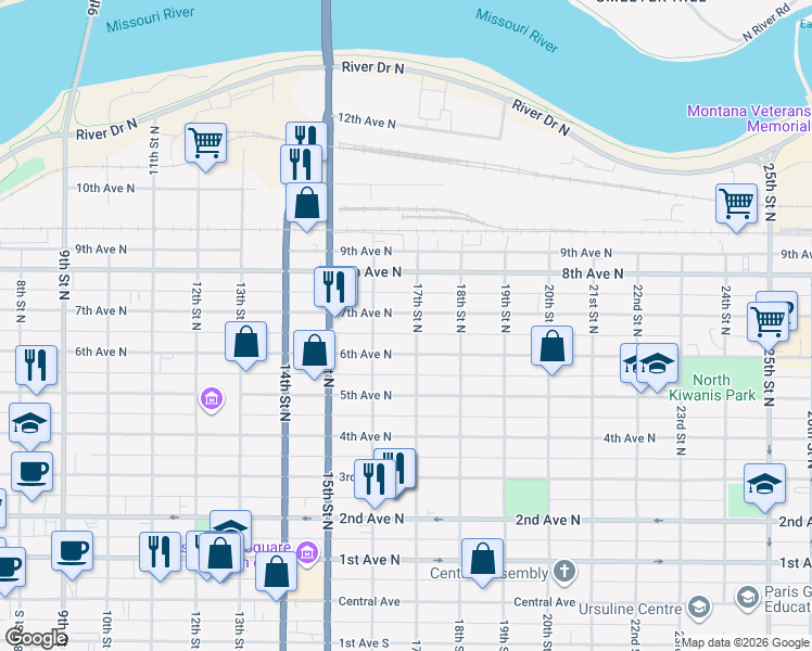 map of restaurants, bars, coffee shops, grocery stores, and more near 1614 7th Ave N in Great Falls