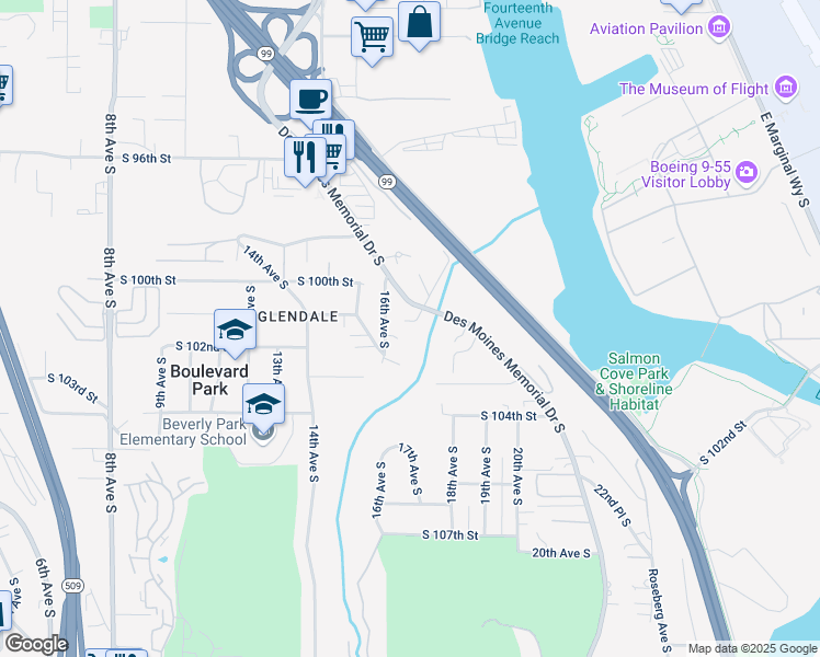map of restaurants, bars, coffee shops, grocery stores, and more near 10039 Des Moines Memorial Drive in Seattle