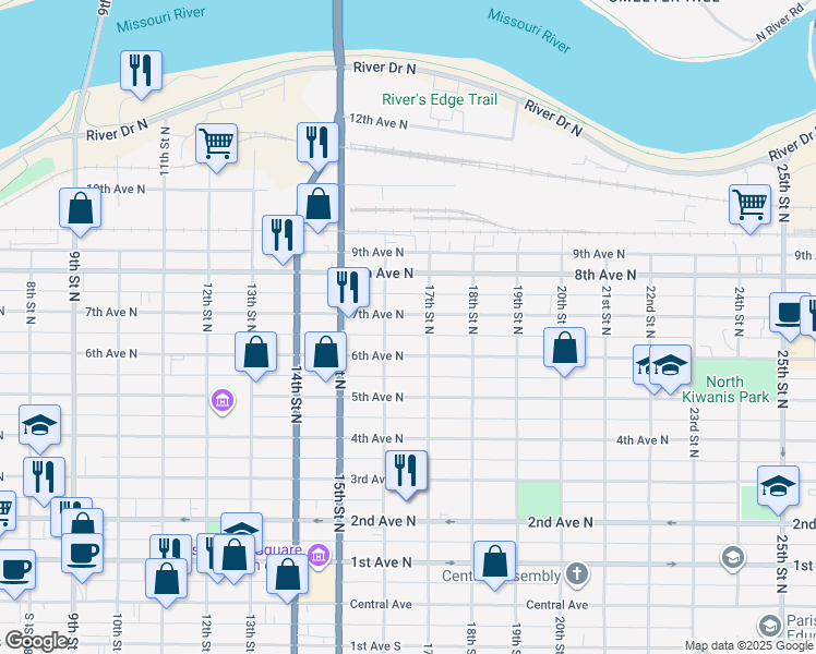 map of restaurants, bars, coffee shops, grocery stores, and more near 1614 7th Avenue North in Great Falls