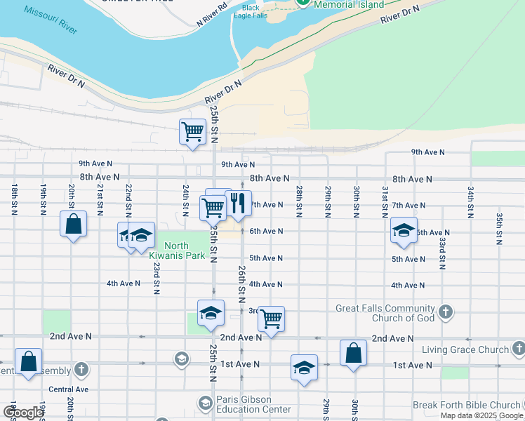 map of restaurants, bars, coffee shops, grocery stores, and more near 626 27th Street North in Great Falls