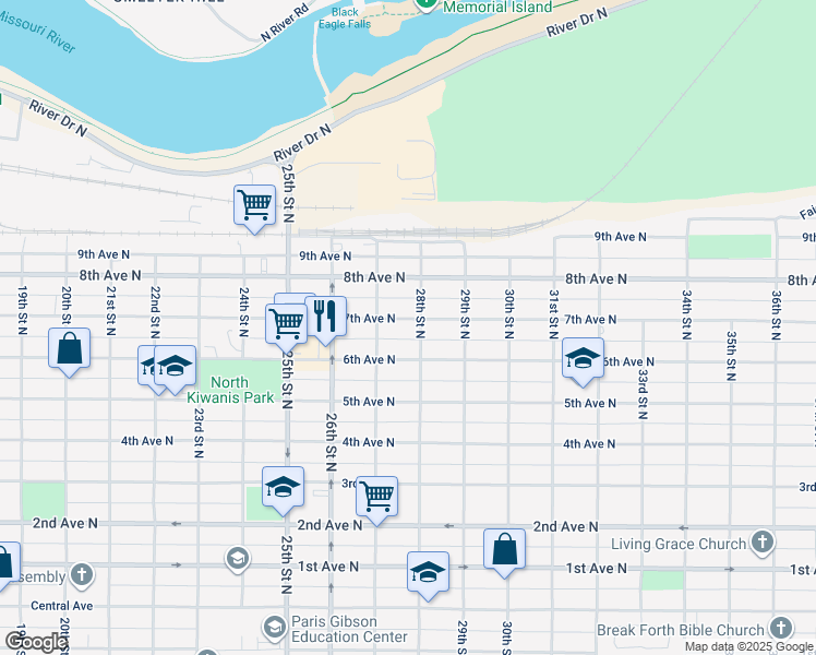 map of restaurants, bars, coffee shops, grocery stores, and more near 2722 7th Avenue North in Great Falls