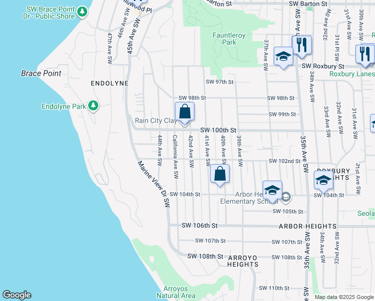 map of restaurants, bars, coffee shops, grocery stores, and more near 10041 42nd Avenue Southwest in Seattle