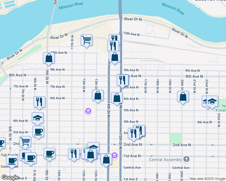 map of restaurants, bars, coffee shops, grocery stores, and more near 614 15th Street North in Great Falls