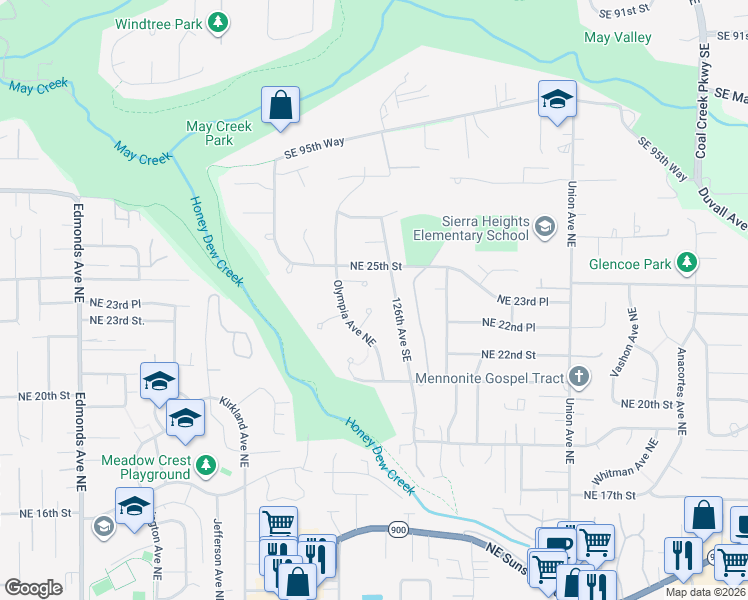 map of restaurants, bars, coffee shops, grocery stores, and more near 3532 Northeast 23rd Court in Renton