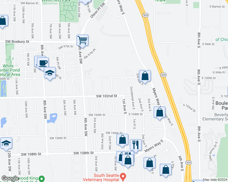 map of restaurants, bars, coffee shops, grocery stores, and more near 10044 1st Avenue Southwest in Seattle