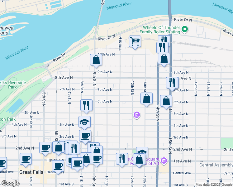 map of restaurants, bars, coffee shops, grocery stores, and more near 1012 7th Avenue North in Great Falls