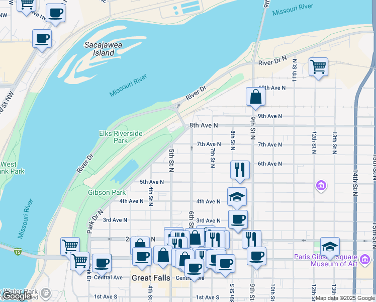 map of restaurants, bars, coffee shops, grocery stores, and more near in Great Falls