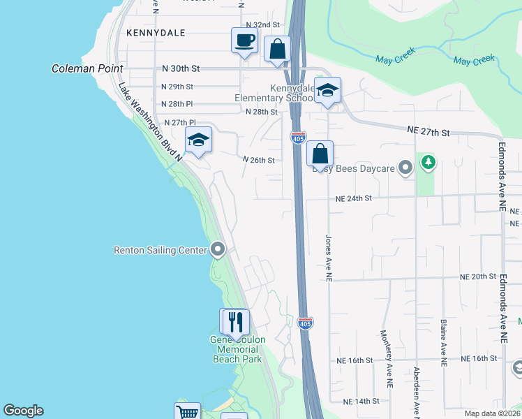 map of restaurants, bars, coffee shops, grocery stores, and more near 1409 North 24th Street in Renton