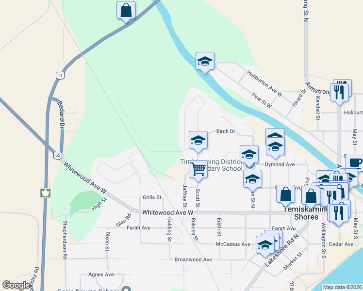 map of restaurants, bars, coffee shops, grocery stores, and more near 148 Jaffray Street in Temiskaming Shores