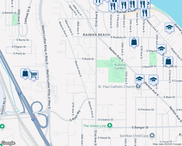 map of restaurants, bars, coffee shops, grocery stores, and more near 4844 South Gazelle Street in Seattle