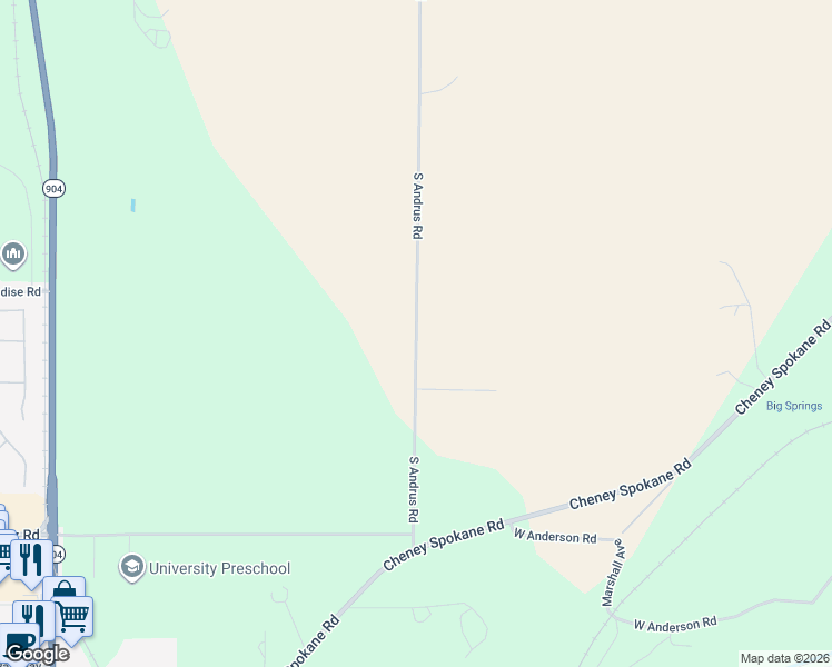 map of restaurants, bars, coffee shops, grocery stores, and more near South Andrus Road in Cheney