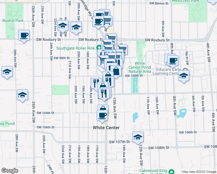 map of restaurants, bars, coffee shops, grocery stores, and more near 10038 16th Avenue Southwest in Seattle
