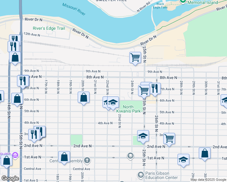 map of restaurants, bars, coffee shops, grocery stores, and more near 2214 23rd Street North in Great Falls