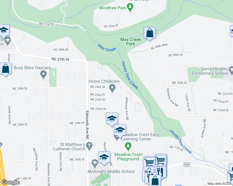 map of restaurants, bars, coffee shops, grocery stores, and more near 2802 Northeast 23rd Place in Renton
