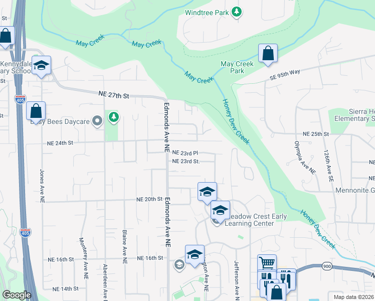 map of restaurants, bars, coffee shops, grocery stores, and more near 2608 Northeast 23rd Place in Renton
