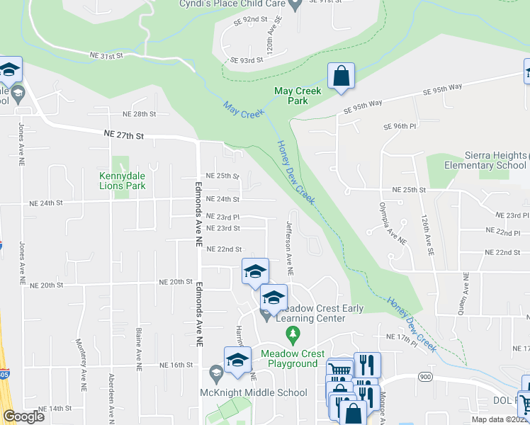 map of restaurants, bars, coffee shops, grocery stores, and more near 2802 Northeast 23rd Place in Renton
