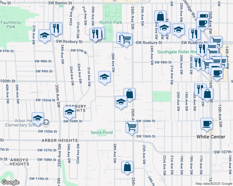 map of restaurants, bars, coffee shops, grocery stores, and more near 10034 28th Avenue Southwest in Seattle