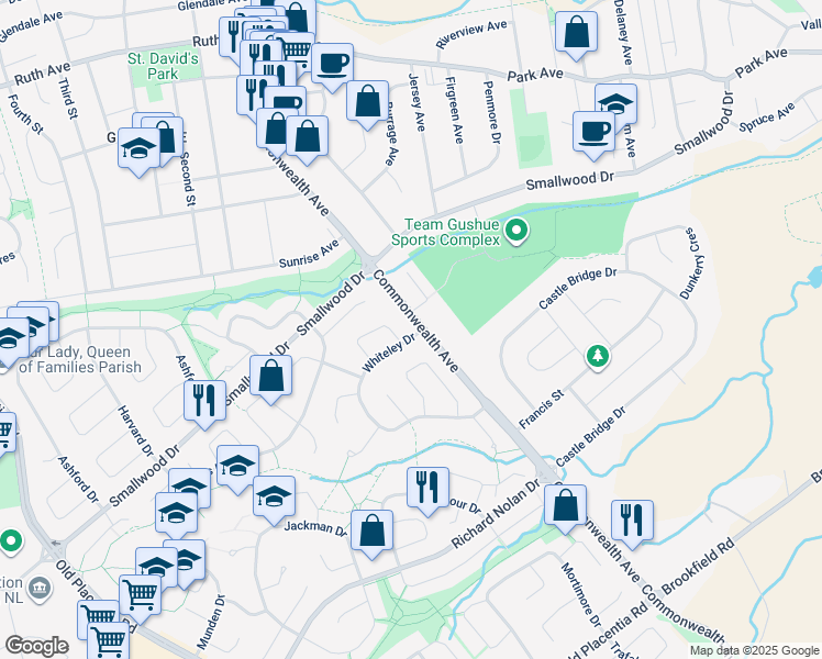 map of restaurants, bars, coffee shops, grocery stores, and more near 65 Whiteley Drive in Mount Pearl