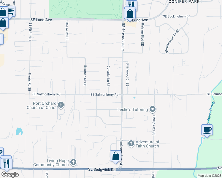 map of restaurants, bars, coffee shops, grocery stores, and more near 3931 Colonial Lane Southeast in Port Orchard