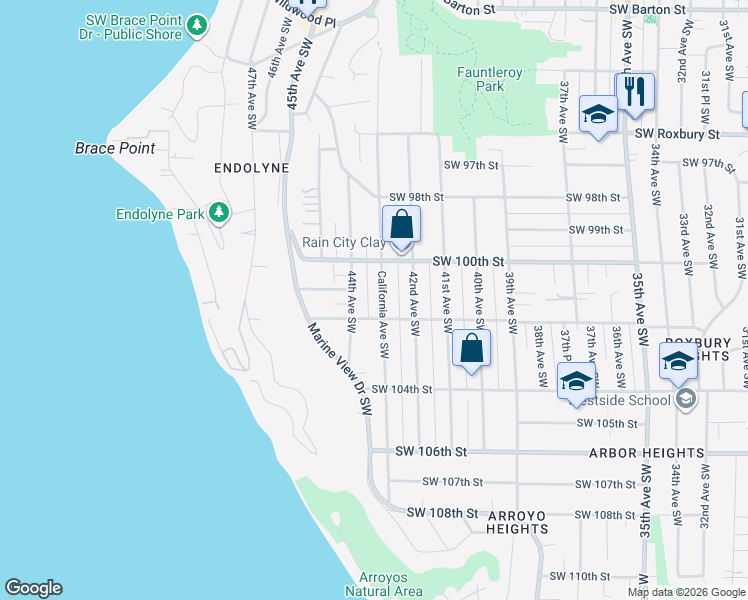 map of restaurants, bars, coffee shops, grocery stores, and more near 10114 44th Avenue Southwest in Seattle