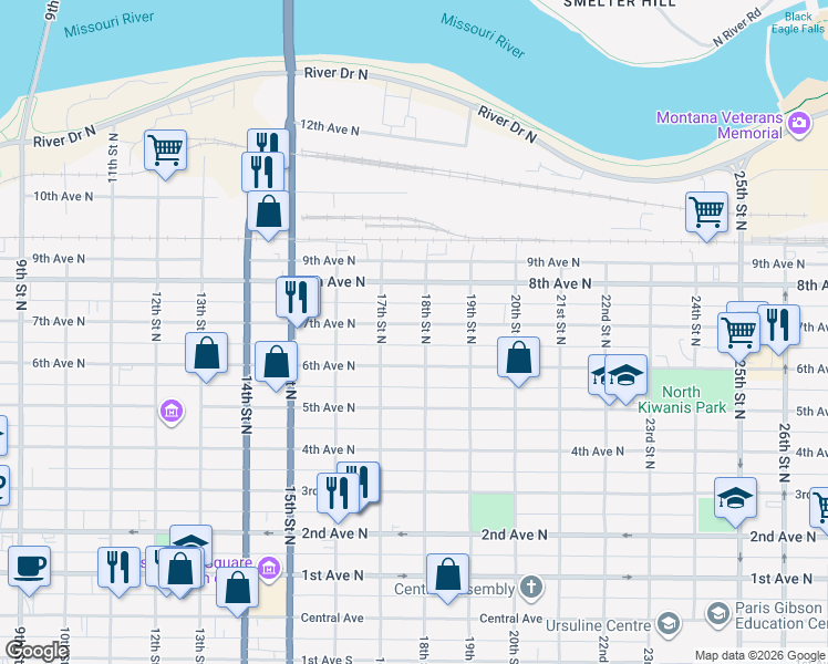 map of restaurants, bars, coffee shops, grocery stores, and more near 1710 7th Avenue North in Great Falls