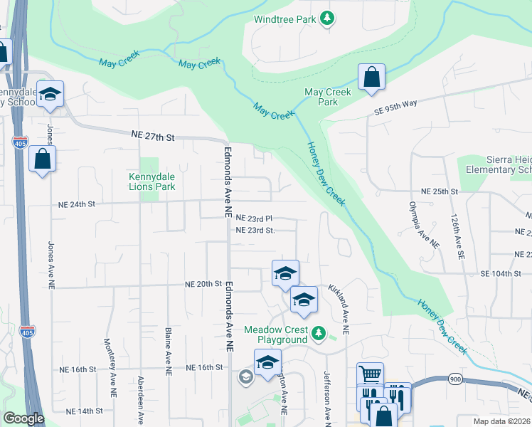 map of restaurants, bars, coffee shops, grocery stores, and more near 2608 Northeast 23rd Place in Renton