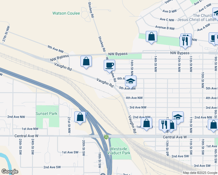 map of restaurants, bars, coffee shops, grocery stores, and more near 1700 Vaughn Road in Great Falls