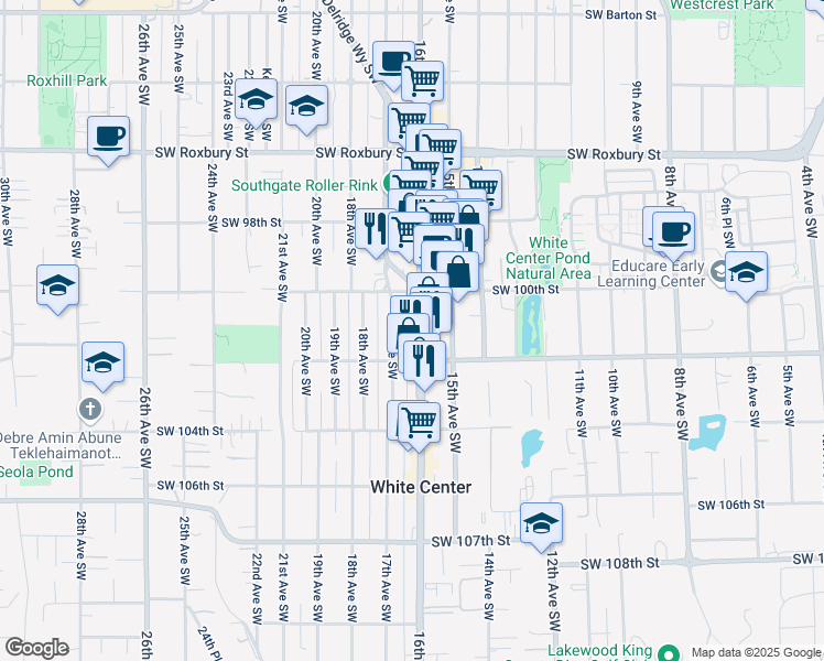 map of restaurants, bars, coffee shops, grocery stores, and more near 10038 16th Avenue Southwest in Seattle