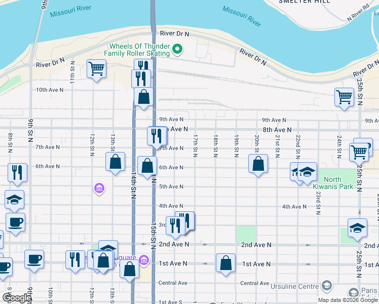map of restaurants, bars, coffee shops, grocery stores, and more near 1620 7th Avenue North in Great Falls