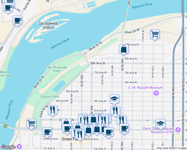 map of restaurants, bars, coffee shops, grocery stores, and more near in Great Falls