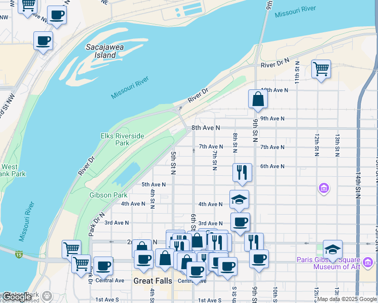 map of restaurants, bars, coffee shops, grocery stores, and more near in Great Falls
