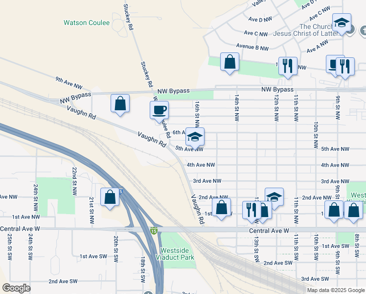 map of restaurants, bars, coffee shops, grocery stores, and more near 1617 5th Ave NW in Great Falls