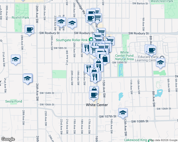 map of restaurants, bars, coffee shops, grocery stores, and more near 10035 17th Avenue Southwest in Seattle