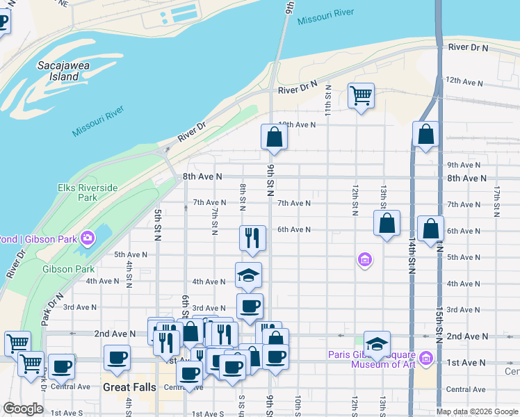 map of restaurants, bars, coffee shops, grocery stores, and more near 820 7th Avenue North in Great Falls