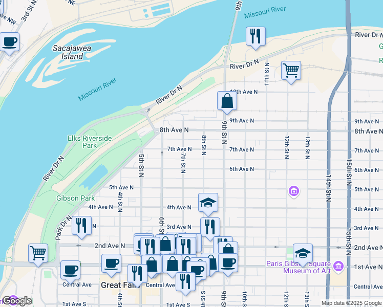 map of restaurants, bars, coffee shops, grocery stores, and more near 710 7th Avenue North in Great Falls