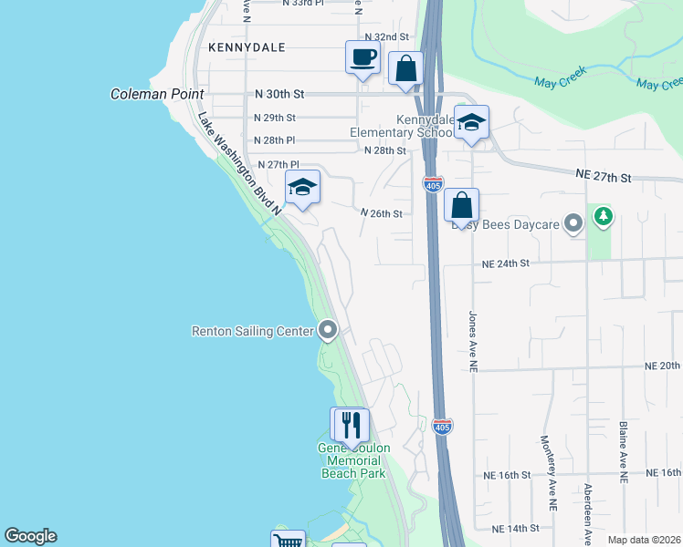map of restaurants, bars, coffee shops, grocery stores, and more near 2100 Lake Washington Boulevard North in Renton