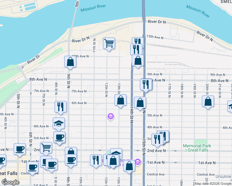 map of restaurants, bars, coffee shops, grocery stores, and more near 614 13th Street North in Great Falls