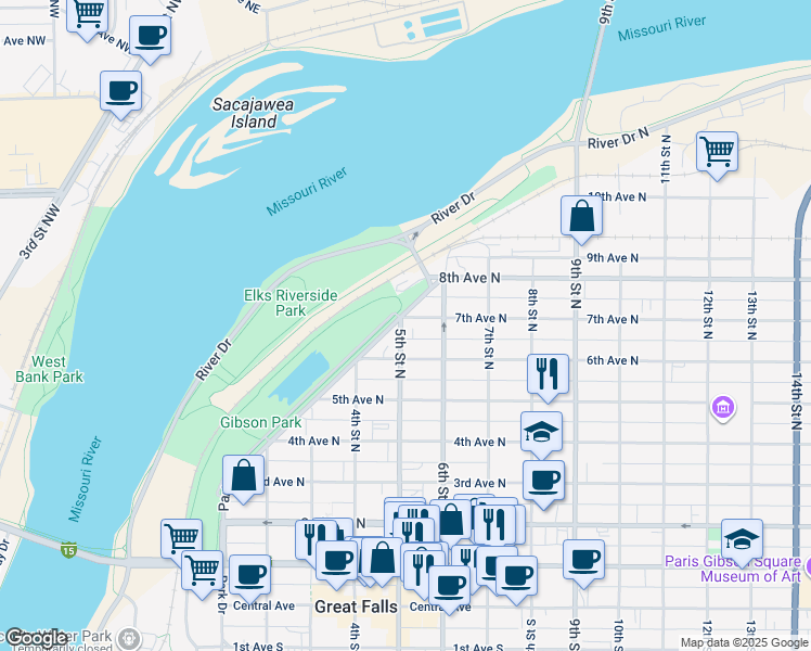map of restaurants, bars, coffee shops, grocery stores, and more near 629 5th Street North in Great Falls