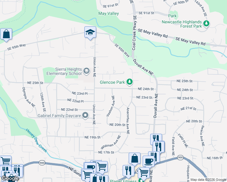 map of restaurants, bars, coffee shops, grocery stores, and more near 2304 Vashon Avenue Northeast in Renton