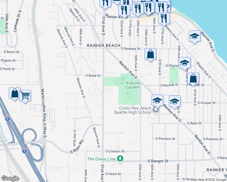 map of restaurants, bars, coffee shops, grocery stores, and more near 5120 South Garden Loop Road in Seattle