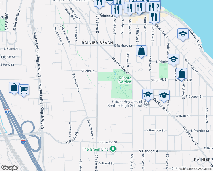 map of restaurants, bars, coffee shops, grocery stores, and more near 5126 South Garden Loop Road in Seattle