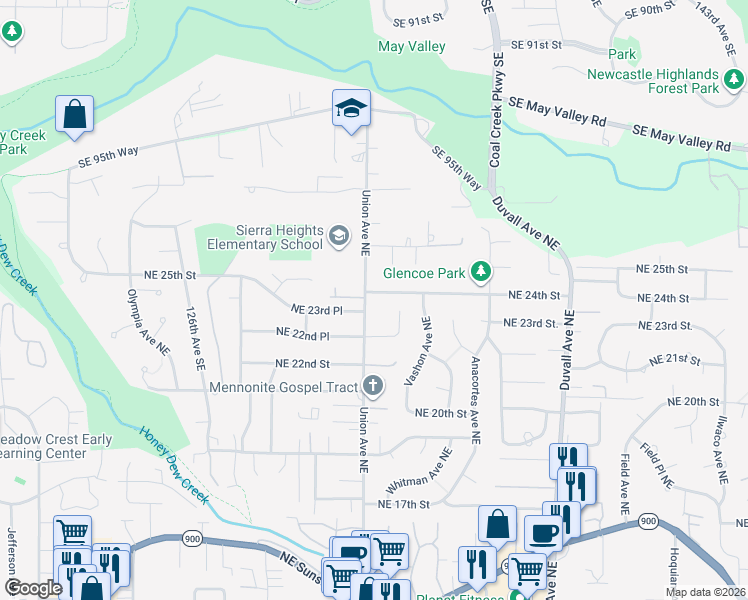 map of restaurants, bars, coffee shops, grocery stores, and more near 4101 Northeast 24th Street in Renton